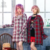 LISTEN FLAVOR Ribbon Sleeve Checkered Shirt Dress