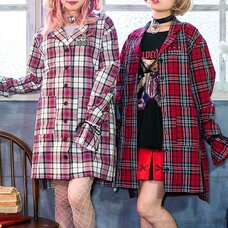 LISTEN FLAVOR Ribbon Sleeve Checkered Shirt Dress