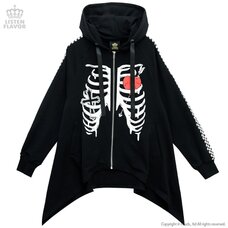 LISTEN FLAVOR Rib Cage Checkered Sleeve Wide Hemline Zip-Up Hoodie