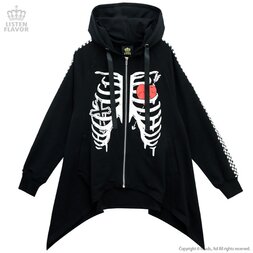 LISTEN FLAVOR Rib Cage Checkered Sleeve Wide Hemline Zip-Up Hoodie