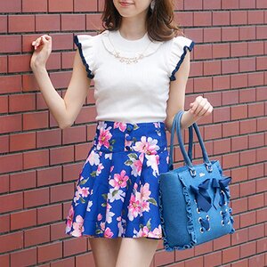 LIZ LISA Large Floral Print Flared Sukapan Skirt